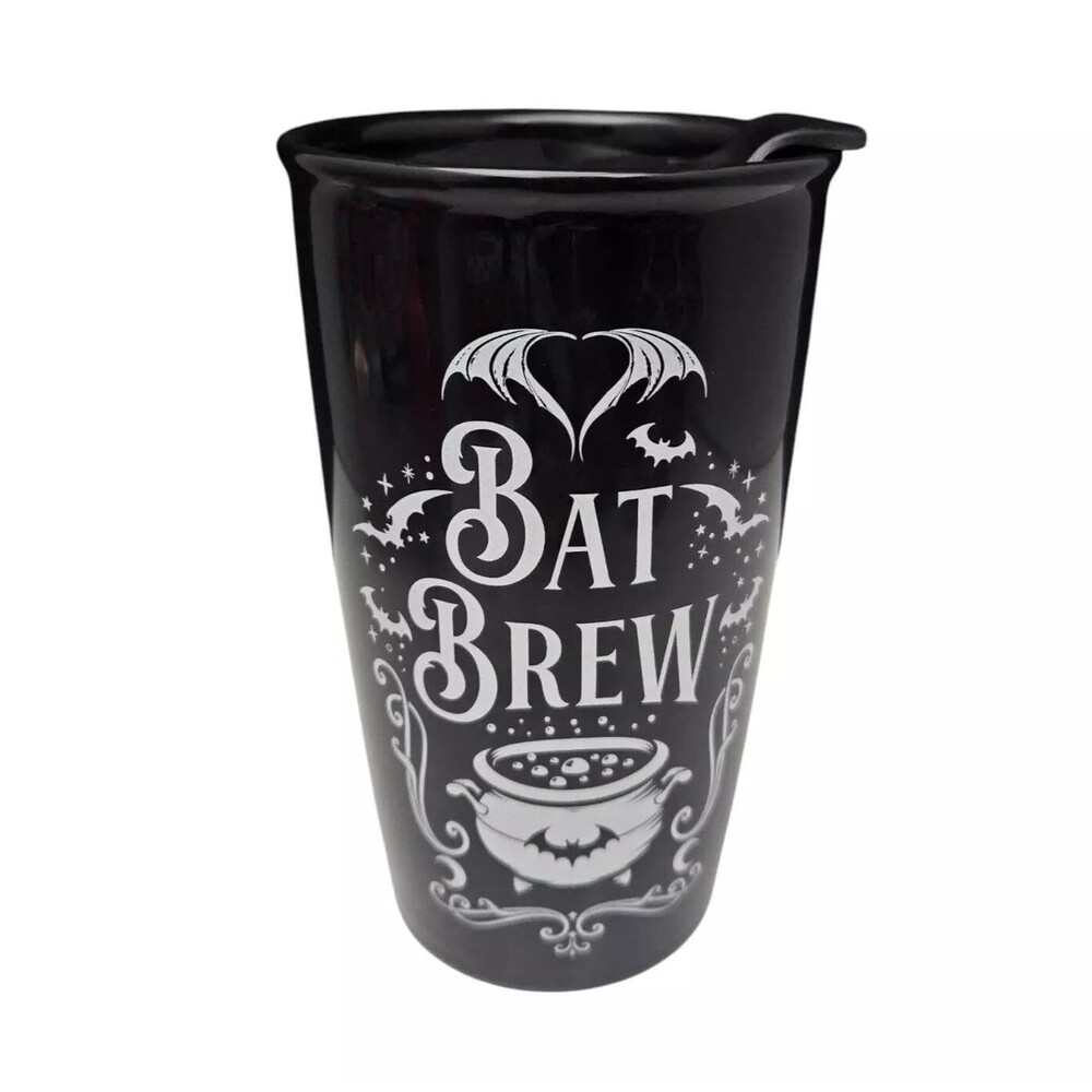 Alchemy Gothic Bat Brew Travel Mug Black Double Wall Ceramic Bats Witch Cauldron